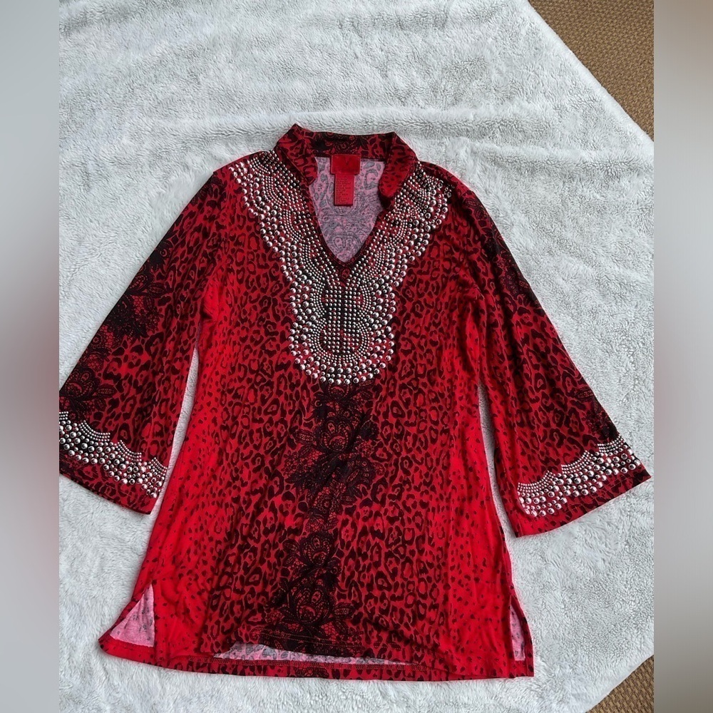 V Cristina top. Size S. Red Leopard print with silver beading.